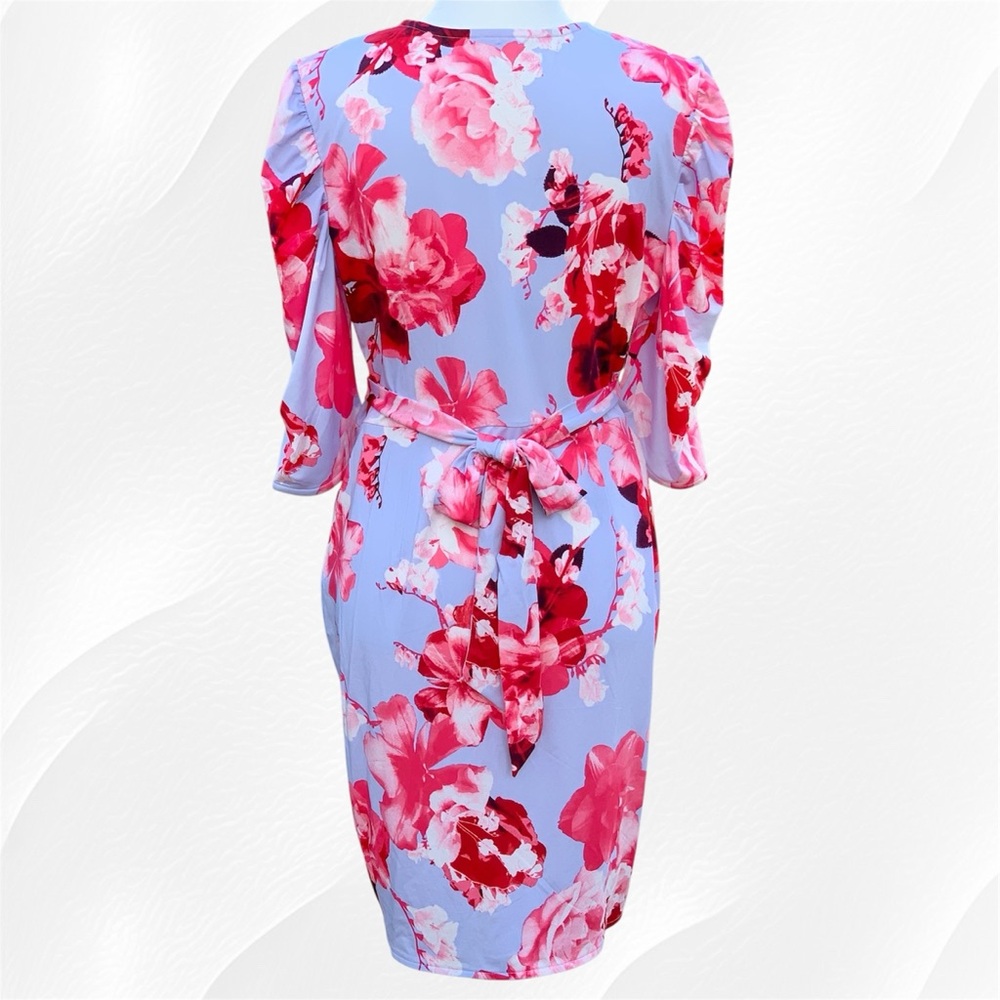 Venus Light Blue Pink and Red Floral Faux Wrap 3/4 Sleeve V-Neck Dress, Large - Picture 3 of 10